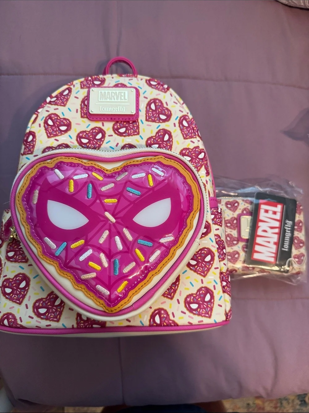 Loungefly Marvel Pink Spider-Donut Kids Mini Backpack and wallet